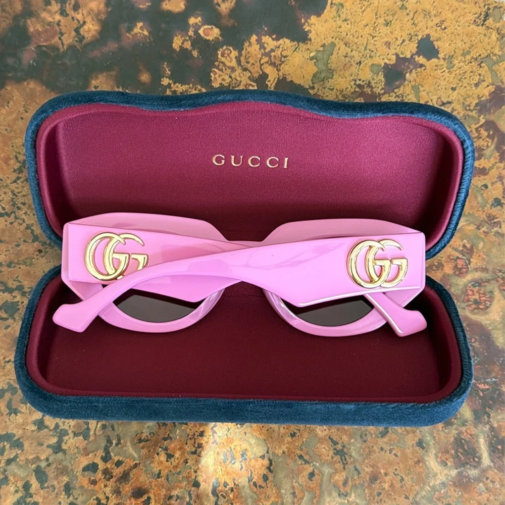 Gucci Pink Geometric Acetate Butterfly Sunglasses Oversized GG Logo w/ Case - Picture 11 of 13